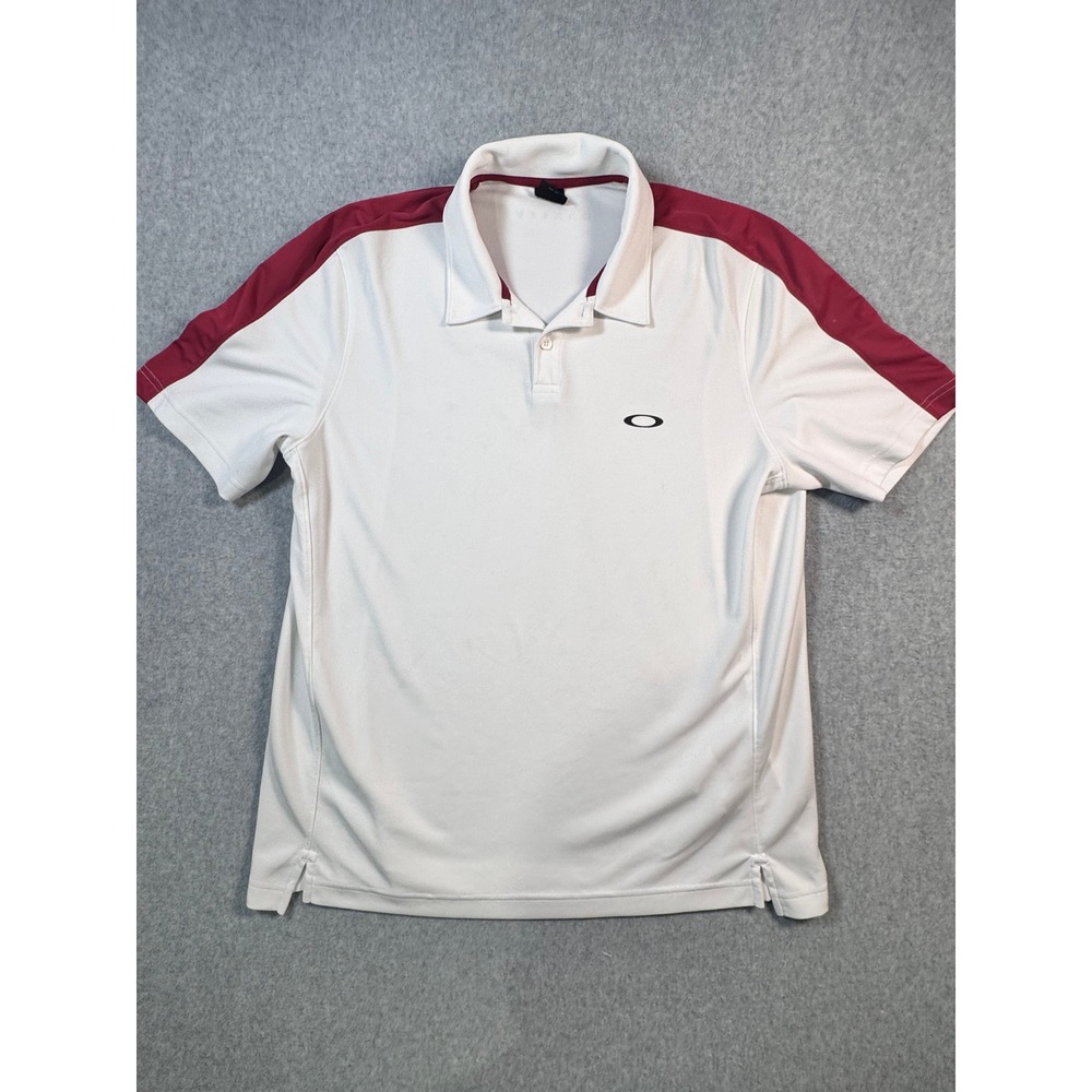 Oakley Mens Regular Fit Polo Shirt White Red Shoulder Stripe Golf Active Large
